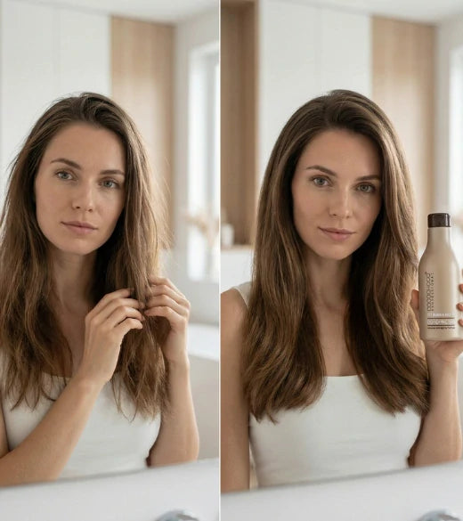 Γυναίκα με μακριά μαλλιά που κρατά ένα μπουκάλι conditioner σε ένα σκηνικό μπάνιου. πριν και μετά τη χρήση του