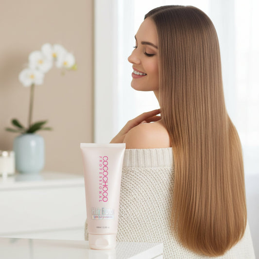 Woman with long, straight hair holding a bottle of hair care product in a bright room.