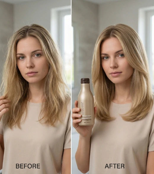 Πριν και μετά σύγκριση μιας γυναίκας με ξανθά μαλλιά, που κρατά ένα μπουκάλι με την ένδειξη «ΜΕΤΑ».