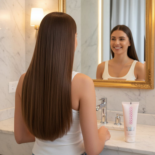 Woman with long hair looking at herself in the mirror with a bottle of shampoo on the counter.