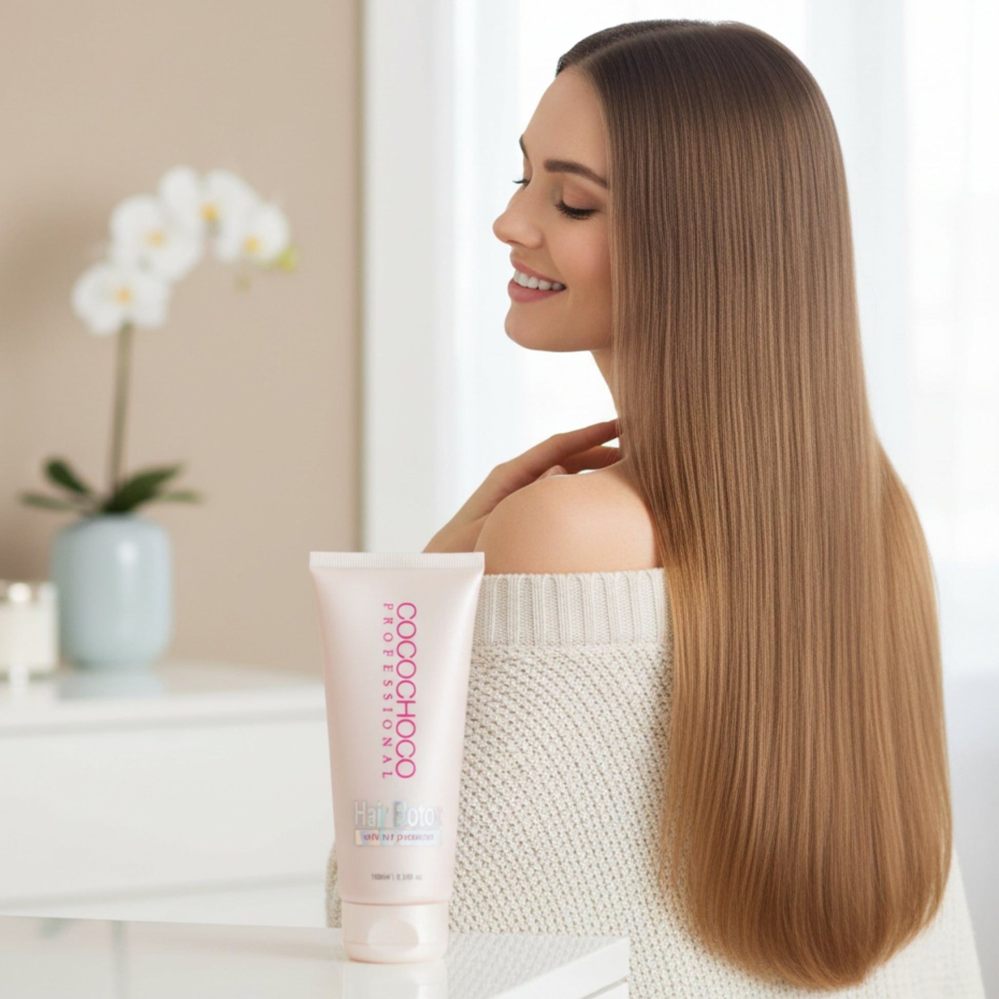 Woman with long, straight hair holding a bottle of hair care product in a bright room.