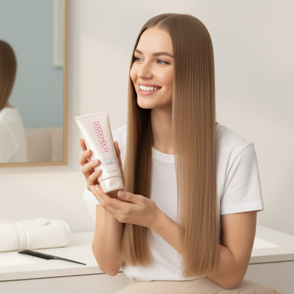 Woman with long hair holding a bottle of hair care product in front of a mirror. cocochoco treatment