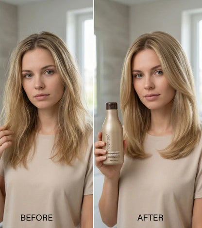 Πριν και μετά σύγκριση μιας γυναίκας με ξανθά μαλλιά, που κρατά ένα μπουκάλι με την ένδειξη «ΜΕΤΑ».