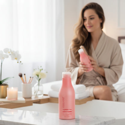 Woman in a robe holding a conditioner cocochoco