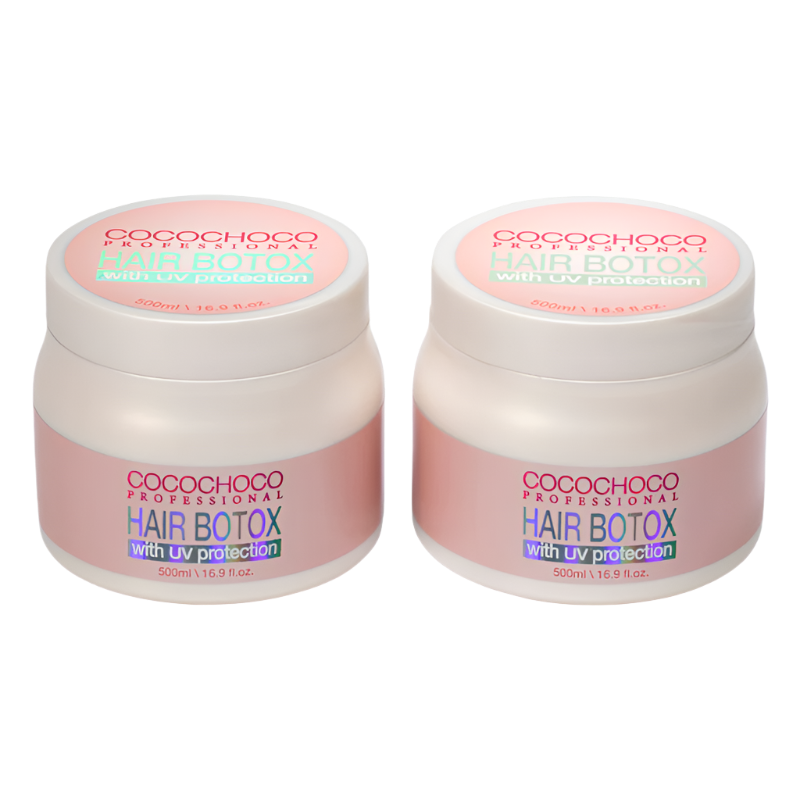 Two containers of COCOCHOCO Hair Boto-x Treatment with UV protection, one with a label indicating '500ml' and another behind it with '1000ml'. Both are white with pink and green text and design elements.