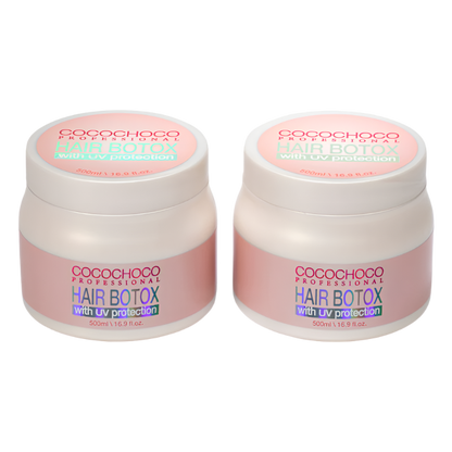 Two containers of COCOCHOCO Hair Boto-x Treatment with UV protection, one with a label indicating '500ml' and another behind it with '1000ml'. Both are white with pink and green text and design elements.